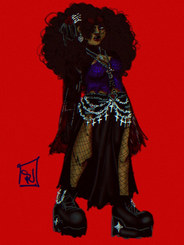 A self portrait of my outfit for the Rob Zombie Concert I went to on the 8th of September.

I have huge curly brown hair with a rose skeleton hand hair clip, a long black mesh shoulder cover up that covers my arms, a purple spiderweb corset, various necklaces, my black studded belt with a red and silver heart buckle, a chain with crosses ar my hip, a long black skirt with slits at the sides, black fishnets, and chunky black shoes with chains at the sides.