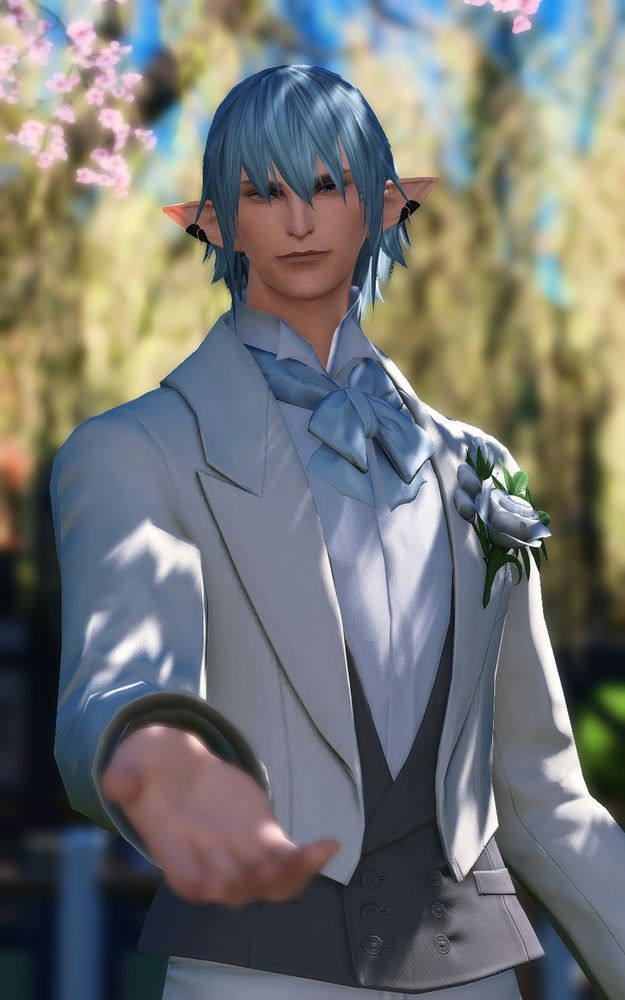 A portrait of Haurchefant wearing a white suit with gray vest and light blue tie. He is extending his hand towards the viewer, with a soft smile on his face.