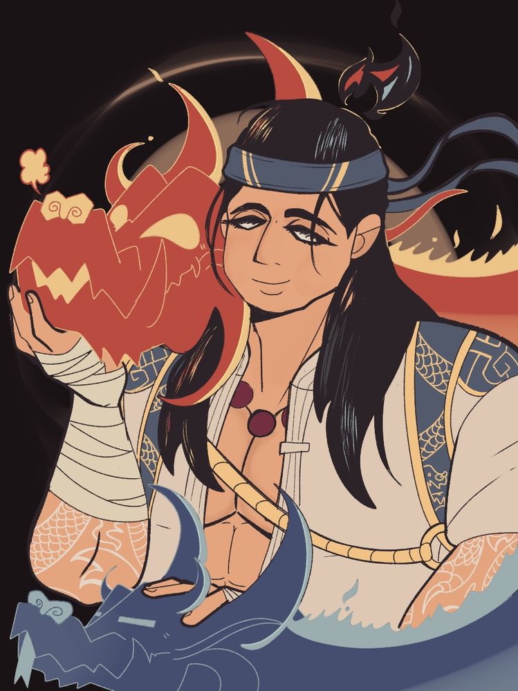 Artwork of Lord Liu Kang. He is kindly petting two fire dragons: a blue one and a red one.