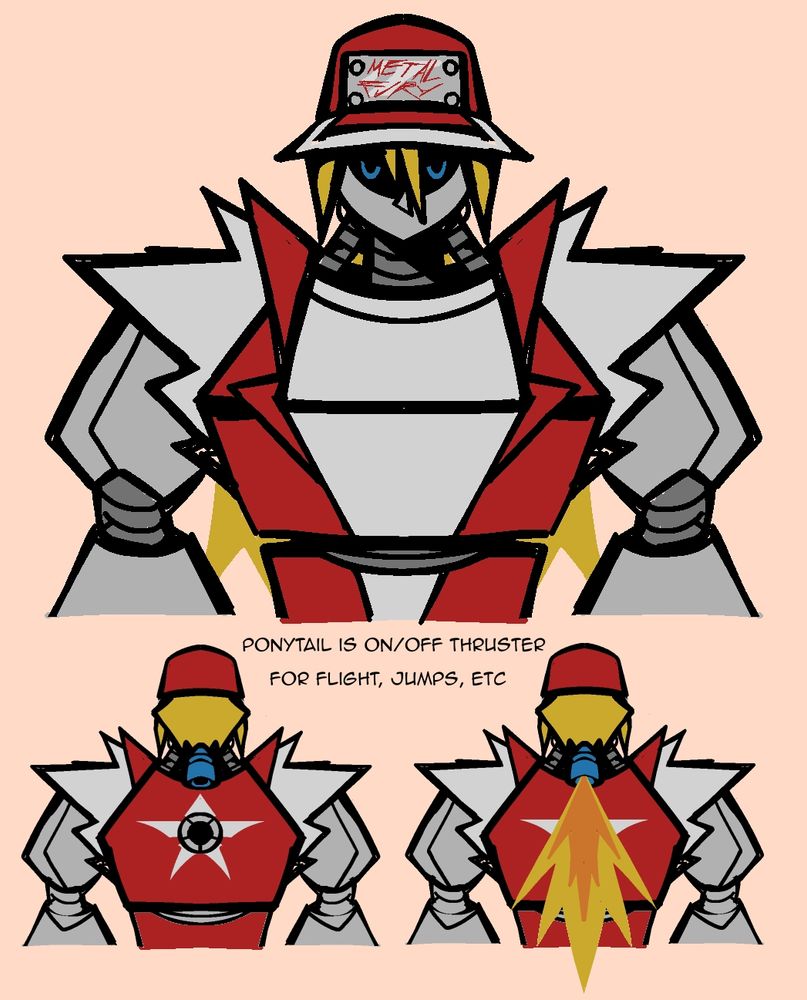 A drawing of a sharp, Metal-Sonic-like robot Terry (let's call him Metal Terry). His features are sharp and exaggerated like a virtua fighter model. He has no mouth and his eyes are a screen displaying angry blue eyes, and he wears a metal-plated cap. Looking from behind, in place of a ponytail, he has an on/off thruster for flight or jumps, with the created flames mimicing hair.