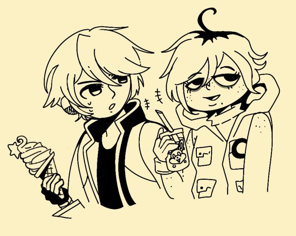 A doodle of Rock Howard and Heather Mason talking about something. Rock has some ice cream and Heather has a drink