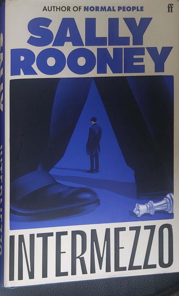 Sally Rooney - Intermezzo 
Blue tinted art - a man with his backturned is framed by the gap between another man's walking legs. In the bottom rich corner is a toppled 'white queen' chess piece.
