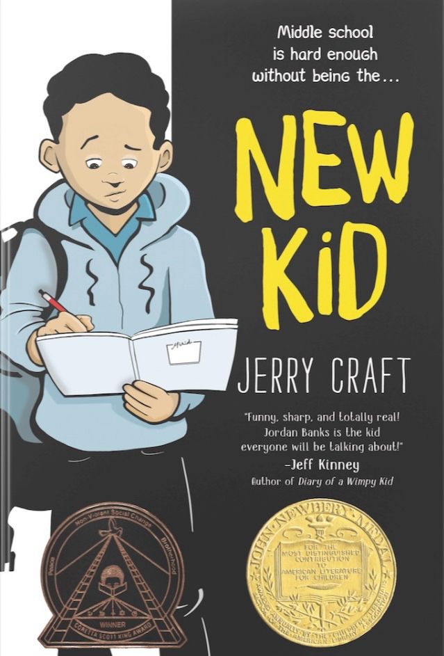 Cover of the graphic novel New Kid by Jerry Craft. Cartoon drawing of a middle-school aged student drawing in a sketchbook. The title is in yellow letters and there are two award stickers at the bottom.