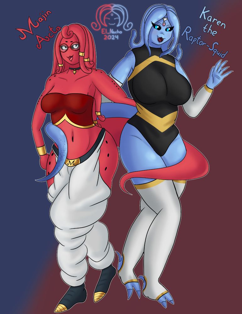 Two female characters posing together
On the left there's Acta, a pink majin with black sclera and white iris, small breasts and long hair tendrils with two pores on each shoulder, one pore above each eye, 4 pores on each upper arm, 3 pores going down each leg.
She's wearing red glasses, gold rings on her hair tendrils, red top with a golden trim at the bottom, loose pants with an opening on her outer legs, showing the pores, and DBZ styled black shoes with golden tips, and golden bracelets.

On the right there's a blue skinned raptor-squid hybrid, Karen, black sclera and blue iris, she has darker spots on her shoulders as welll as the ends of her hair tentrils and tail. Instead of humanoid feet she has 3 talons on each foot, two on the front and one in the back, the talons are a darker hue of blue
She's wearing a silver circlet with a pink gem and a black sleeveless leotard with the outlines of a golden diamond going through the top and bottom of it. Separate white sleeves with a golden trim at the base of her hands as well as long socks that reach up to the middle of her thighs, with golden trims on both ends.
