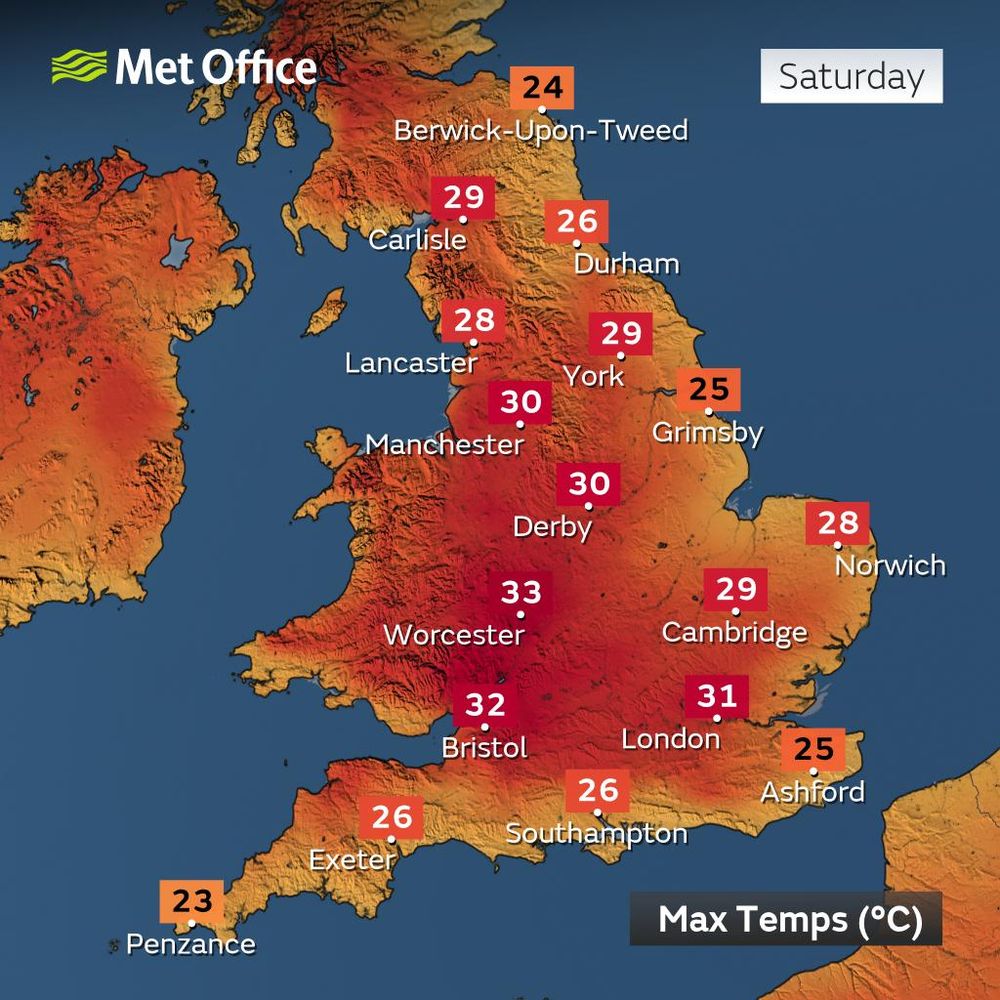 Forecast maximum temperatures across England on Saturday 12 July 2025.

Berwick-Upon-Tweed = 24°C
Carlisle = 29°C
Durham = 26°C
Lancaster = 28°C
York = 29°C
Manchester = 30°C
Grimsby = 25°C
Derby = 30°C
Worcester = 33°C
Norwich = 28°C
Cambridge = 29°C
London = 31°C
Bristol = 32°C
Ashford = 25°C
Southampton = 26°C
Exeter = 26°C
Penzance = 23°C