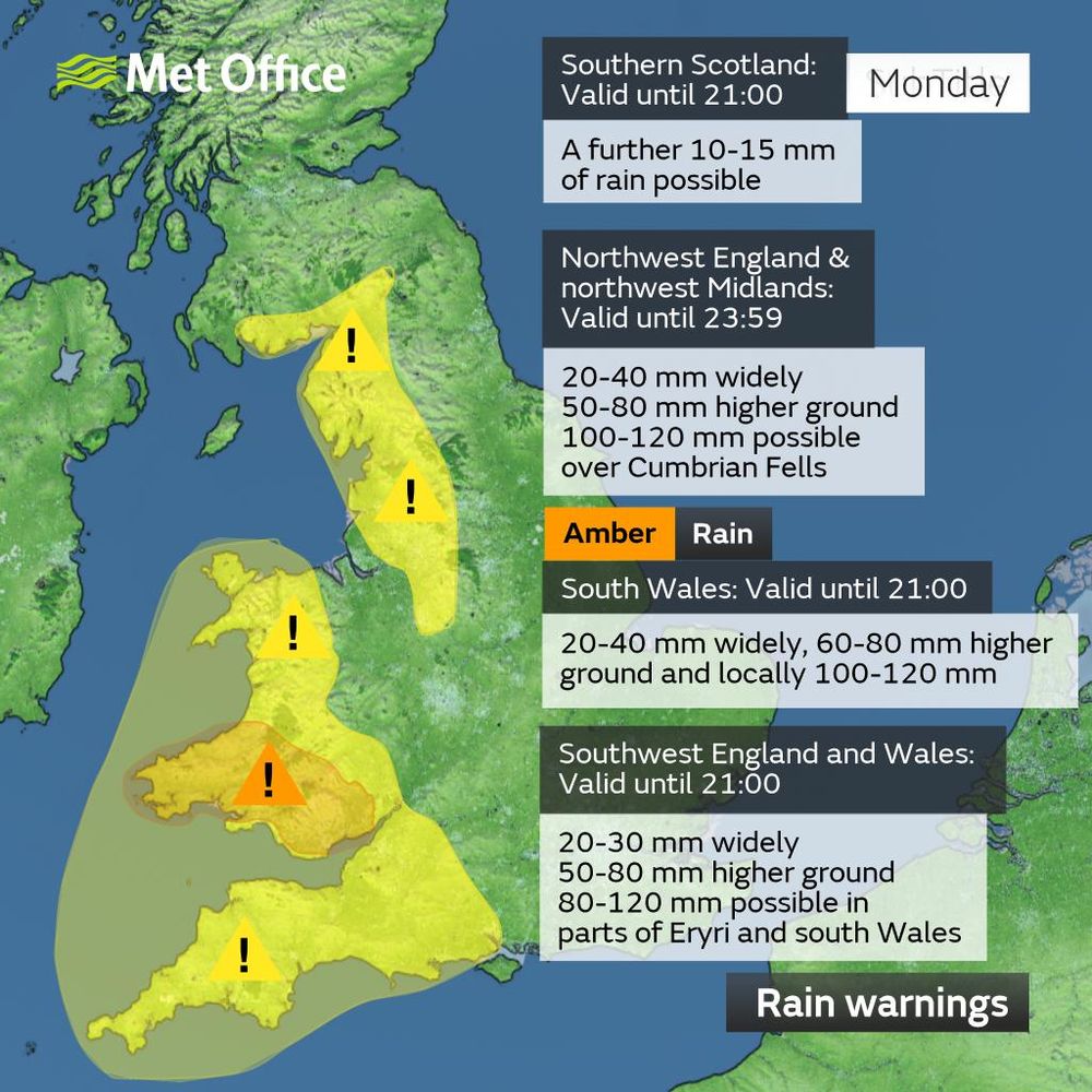 A map showing the location of yellow warnings for rain on Monday 1st December 2025 with an amber warning for rain across south Wales. 