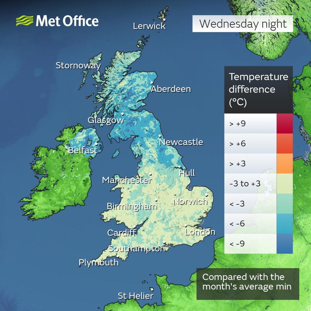 Map showing temperatures across the UK on Wednesday night compared to the month's average minimum.