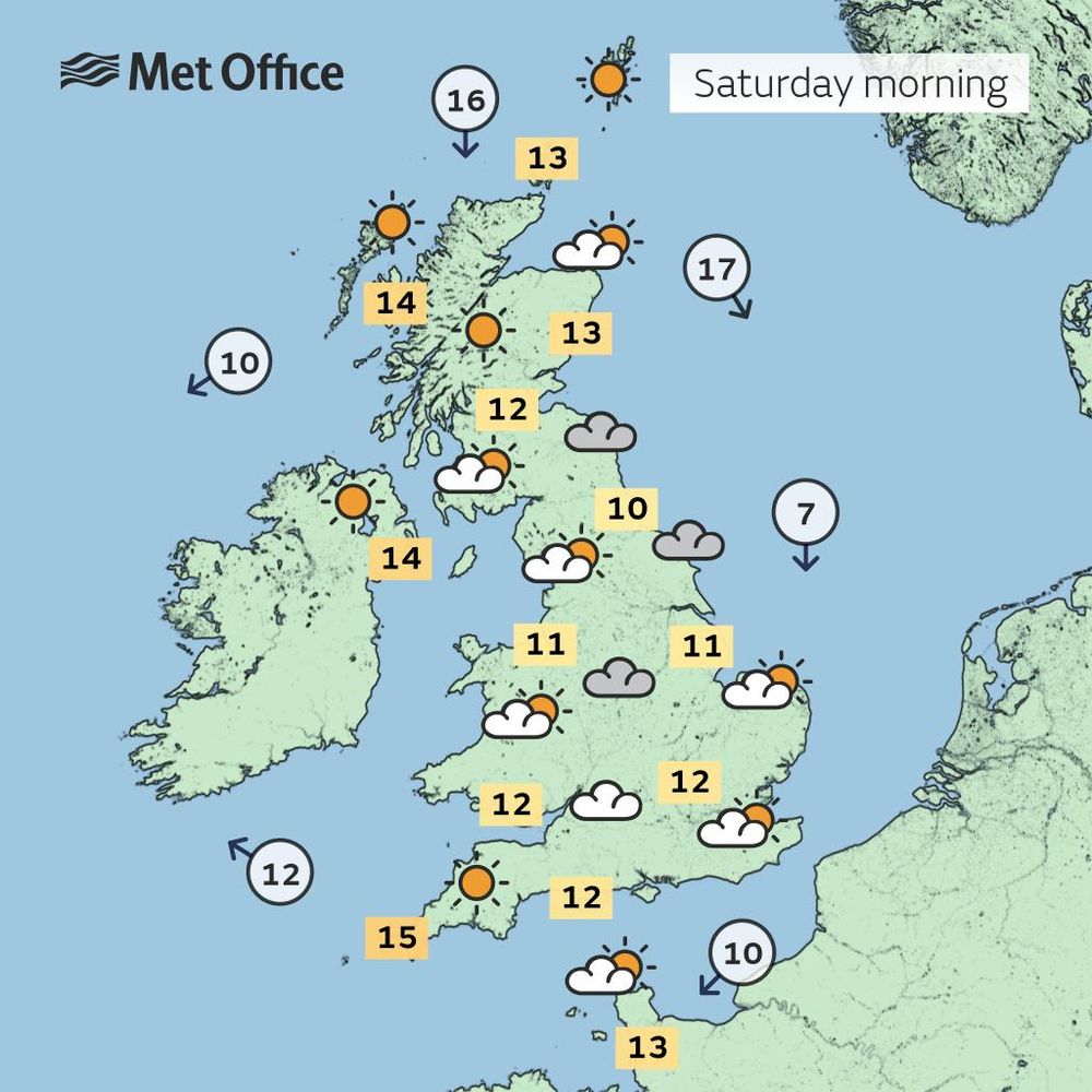 Weather symbols map of the UK on the afternoon of Saturday 17 May 2025.

Full sunshine for almost all locations. The exception being one on the east coast of England and for Shetland, with a partly sunny symbol instead.

Temperatures of 14-18°C along eastern coasts; 19-22°C elsewhere. 