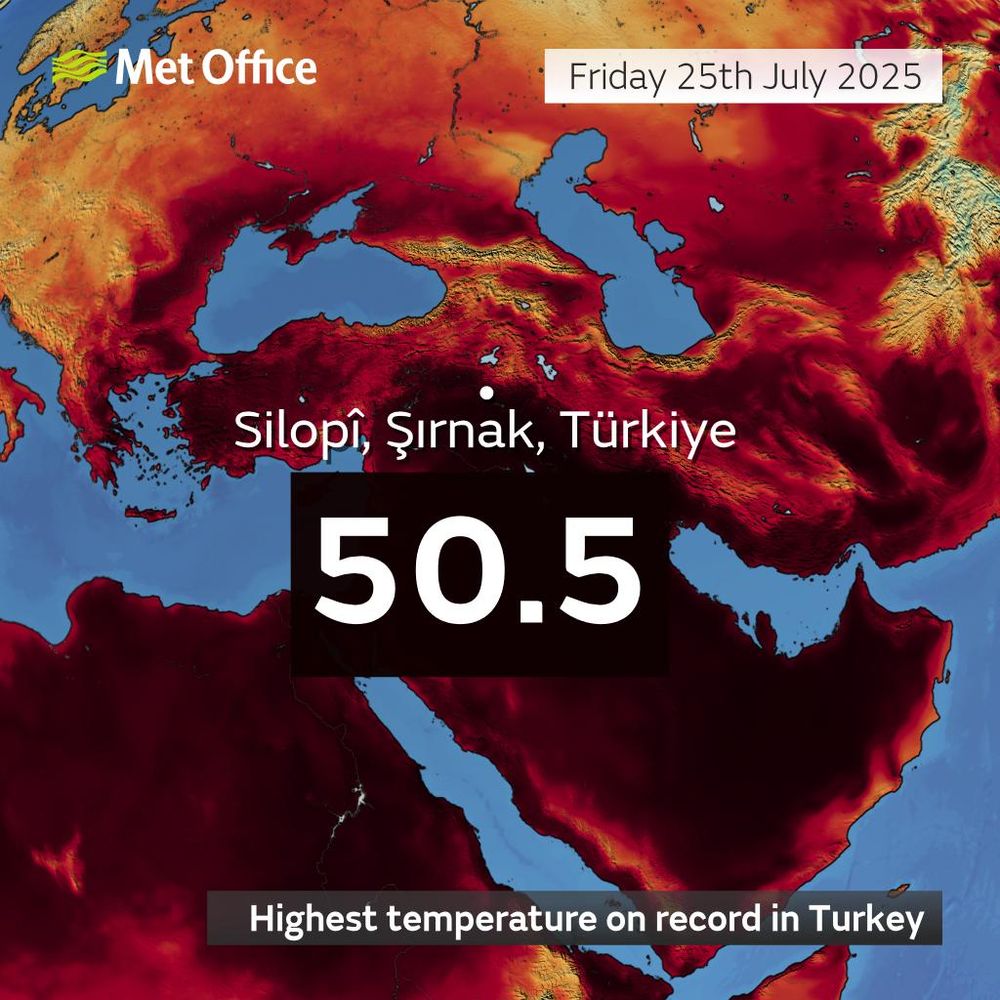 A map showing temperatures across Turkey, Saudi Arabia and northeast Africa on Friday 25th July 2025. Silopi, Şırnak, Turkey is marked on the map and a temperature of 50.5 Celsius is also marked. This is a new temperature record for Turkey.