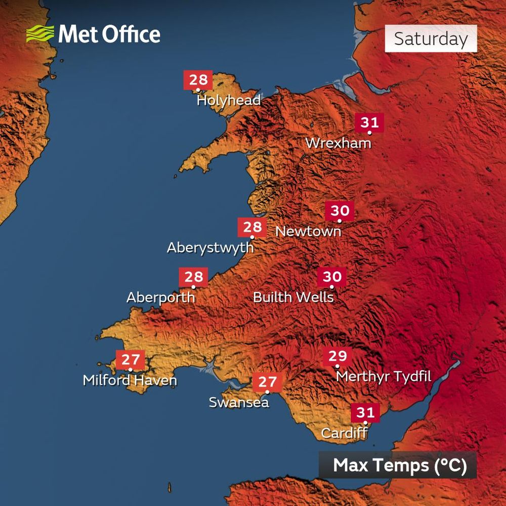 Forecast maximum temperatures across Wales on Saturday 12 July 2025.

Holyhead = 28°C
Wrexham = 31°C
Newtown = 30°C
Aberystwyth = 28°C
Aberporth = 28°C
Builth Wells = 30°C
Milford Haven = 27°C
Swansea = 27°C
Merthyr Tydfil = 29°C
Cardiff = 31°C