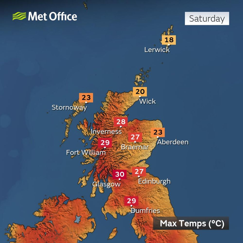 Forecast maximum temperatures across Scotland on Saturday 12 July 2025.

Lerwick = 18°C
Wick = 20°C
Stornoway = 23°C
Inverness = 28°C
Fort William = 29°C
Braemar = 27°C
Aberdeen = 23°C
Glasgow = 30°C
Edinburgh = 27°C
Dumfries = 29°C