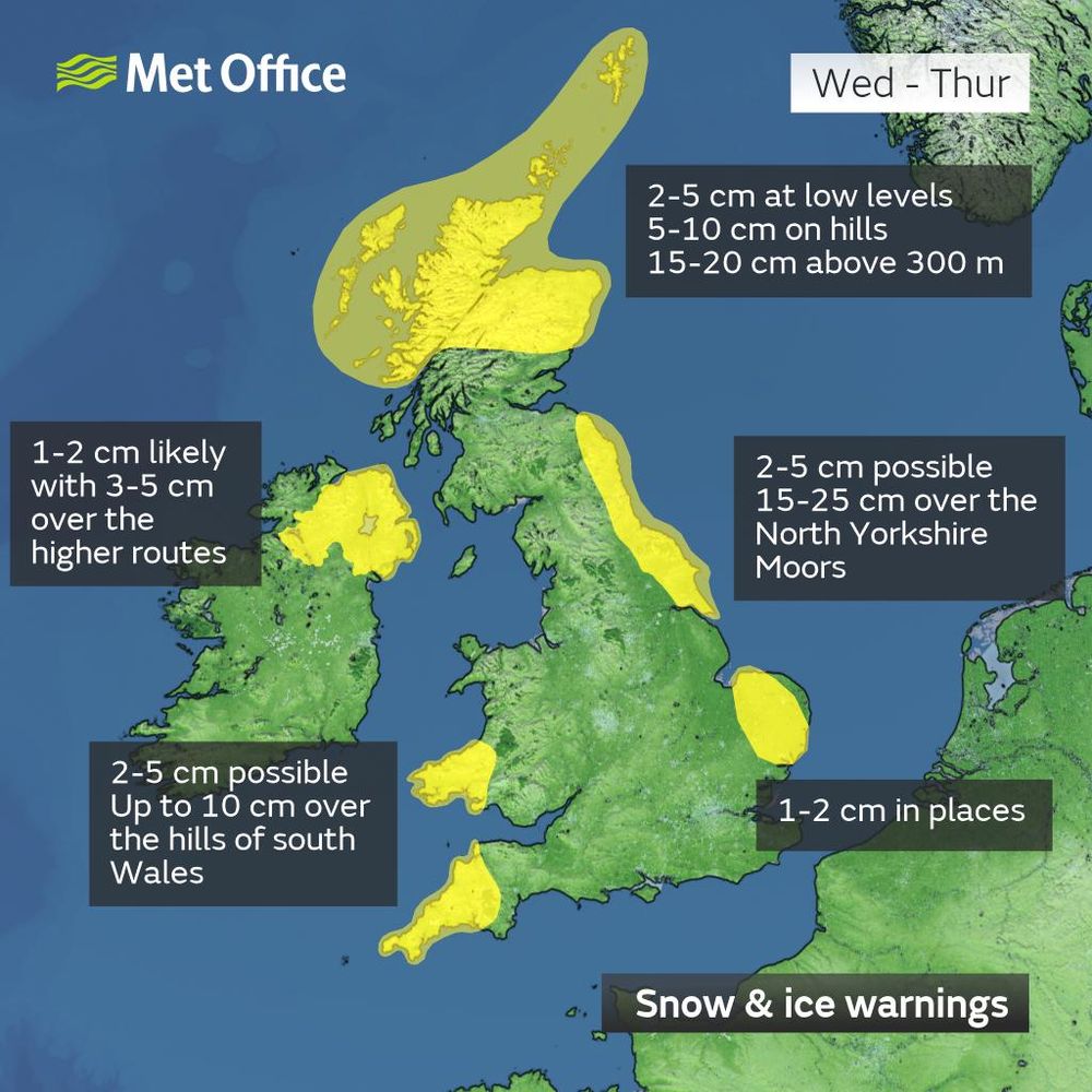 A map of the UK showing where yellow warnings for snow and ice are in place on Wednesday 19th and Thursday 20th November 2025. The higher ground of northern Scotland and North Yorkshire could see 20cm of snow or more