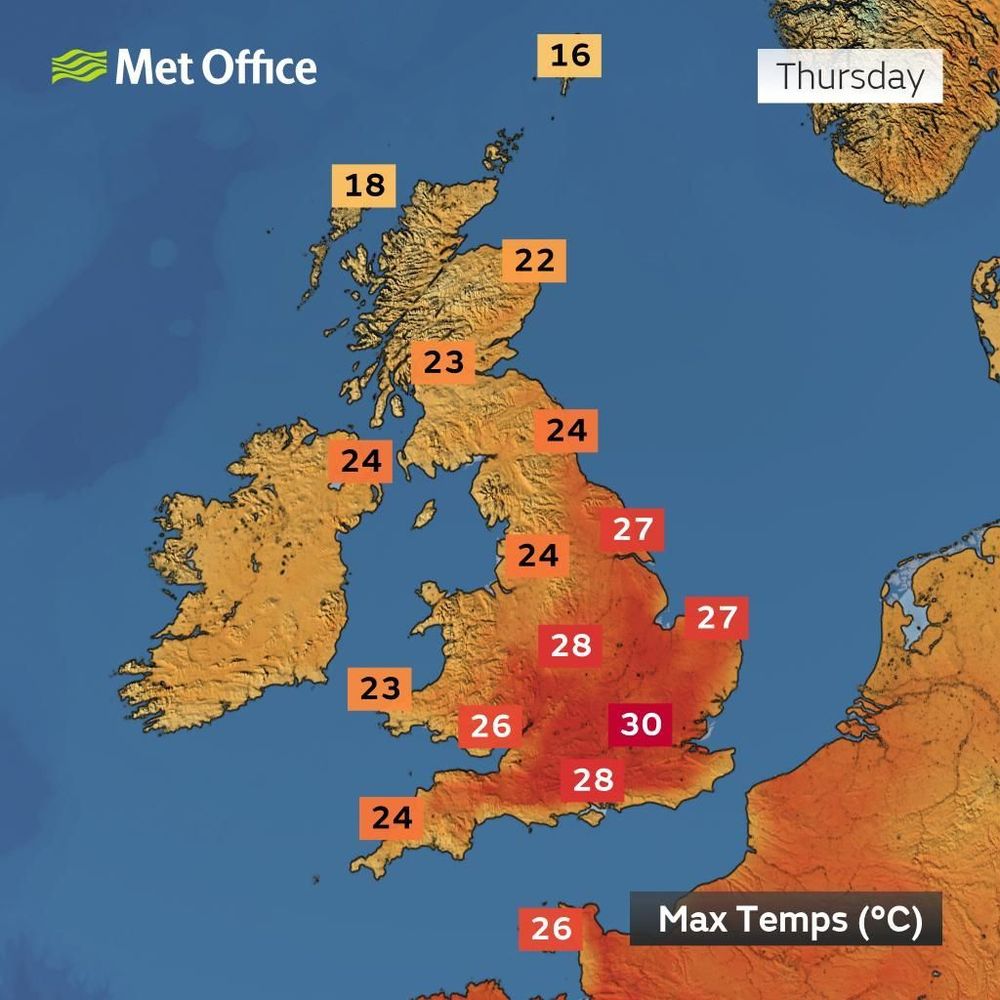Met Office weather map showing maximum temperatures across the UK and Ireland for Thursday. Temperatures range from 16°C in northern Scotland to 30°C in central England, with most regions in the mid to high 20s