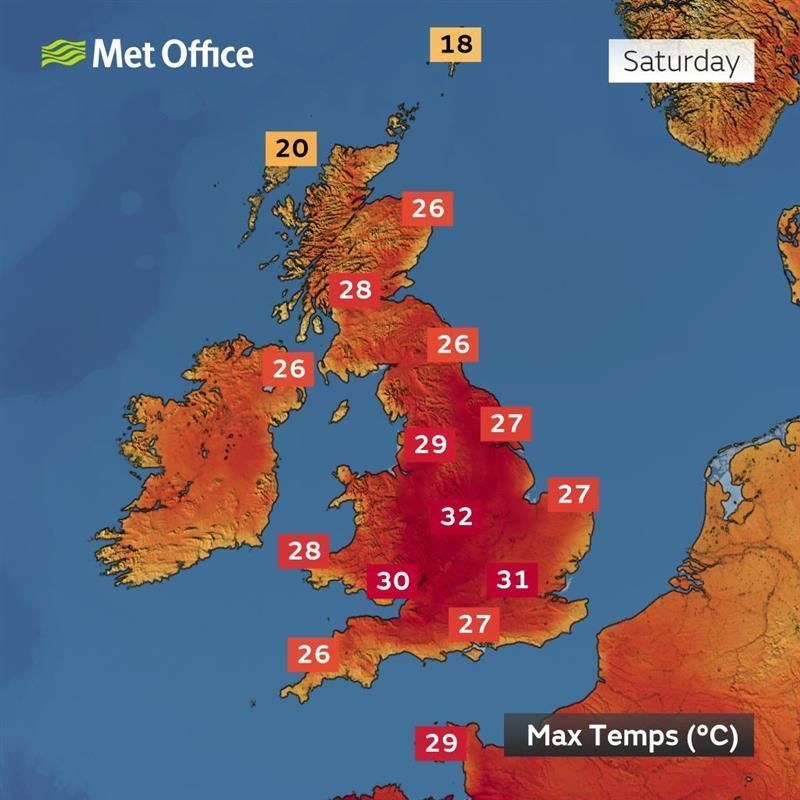 Met Office weather map showing maximum temperatures across the UK and parts of Europe for Saturday. Temperatures range from 20°C in northern Scotland to 32°C in central-southern England, with much of the UK in the mid to high 20s