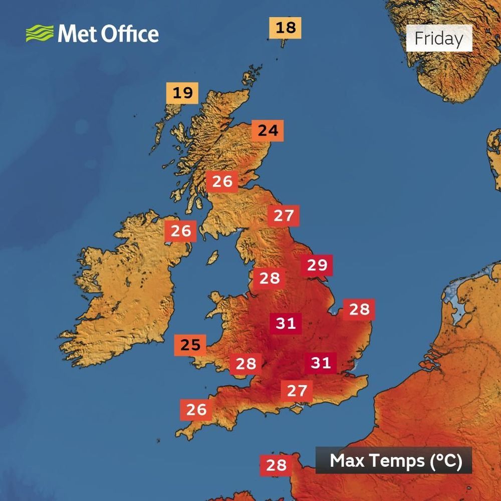 Met Office weather map showing maximum temperatures across the UK for Friday. Temperatures range from 18°C in northern Scotland to 31°C near Cardiff, with most areas in Wales and central England in the high 20s