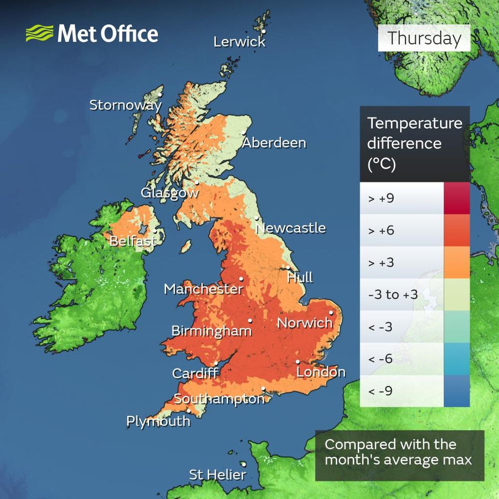 Map showing temperatures across the UK on Thursday compared to the month's average maximum.