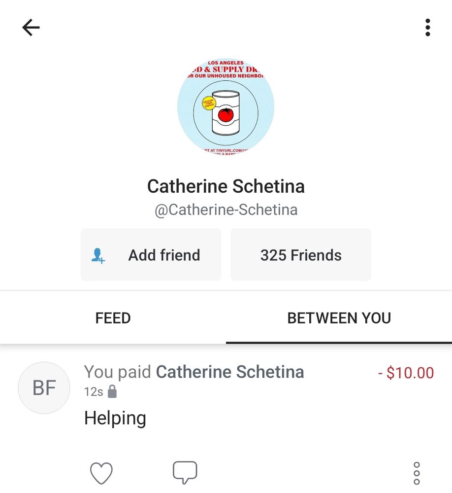 Screenshot of $10 to @Catherine-schetina with text saying helping.
