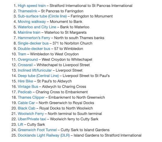 Numbered list which reads:

High speed train – Stratford International to St Pancras International
Thameslink – St Pancras to Farringdon
Sub-surface tube (Circle line) – Farringdon to Monument
Moving walkway – Monument to Bank
Waterloo and City Line – Bank to Waterloo
Mainline train – Waterloo to St Margarets
Hammerton’s Ferry – North to south Thames banks
Single-decker bus – 371 to Norbiton Church
Double-decker bus – 57 to Wimbledon
Tram – Wimbledon to West Croydon
Overground – West Croydon to Whitechapel
Crossrail – Whitechapel to Liverpool Street
Inclined lift/funicular – Liverpool Street
Deep tube (Central Line) – Liverpool Street to St Paul’s
Hire Bike – St Paul’s to Aldwych
Vintage Bus – Aldwych to Charing Cross
Pedicab – Charing Cross to Embankment
Thames Clipper – Embankment to North Greenwich
Cable Car – North Greenwich to Royal Docks
Black Cab – Royal Docks to North Woolwich
Woolwich Ferry – North terminal to South terminal
Uber/Private taxi – Woolwich ferry to Cutty Sark
Lift – Cutty Sark
Greenwich Foot Tunnel – Cutty Sark to Island Gardens
Docklands Light Railway (DLR) – Island Gardens to Stratford International