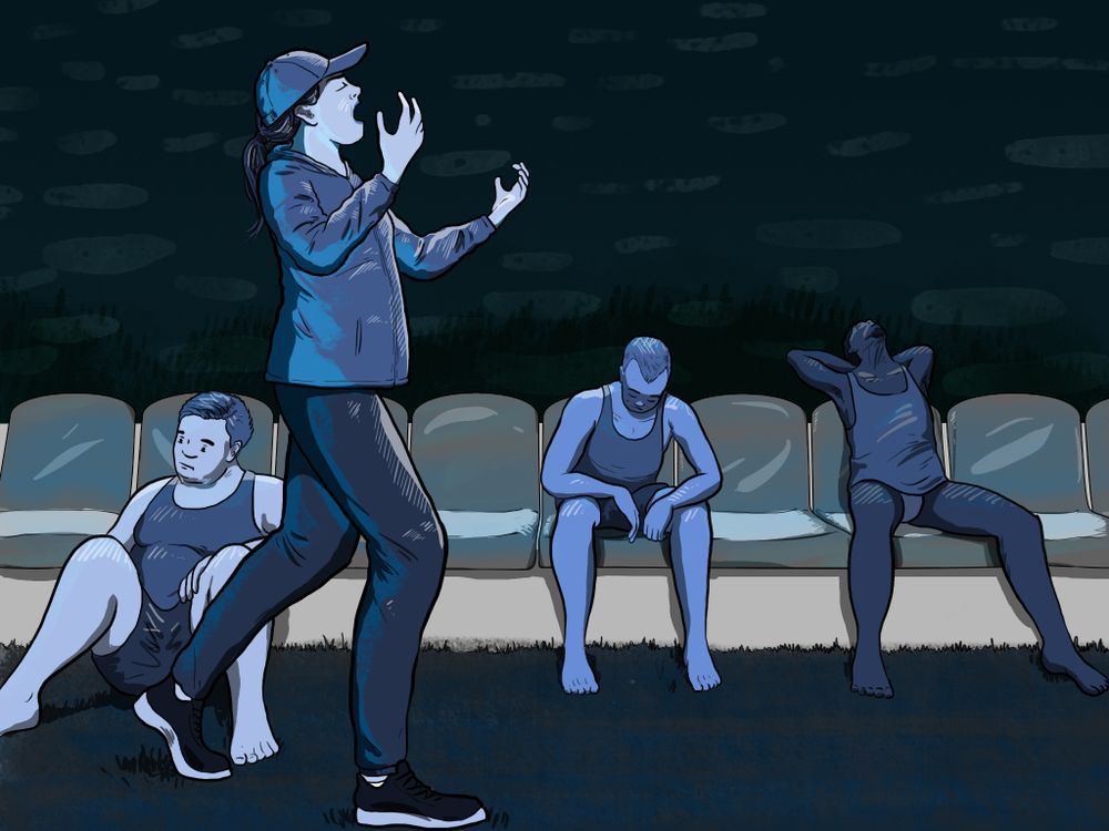 Woman in sweats and baseball cap - a frustrated sports coach - yells into the air and paces in front of a row of three men who look dejected and miserable