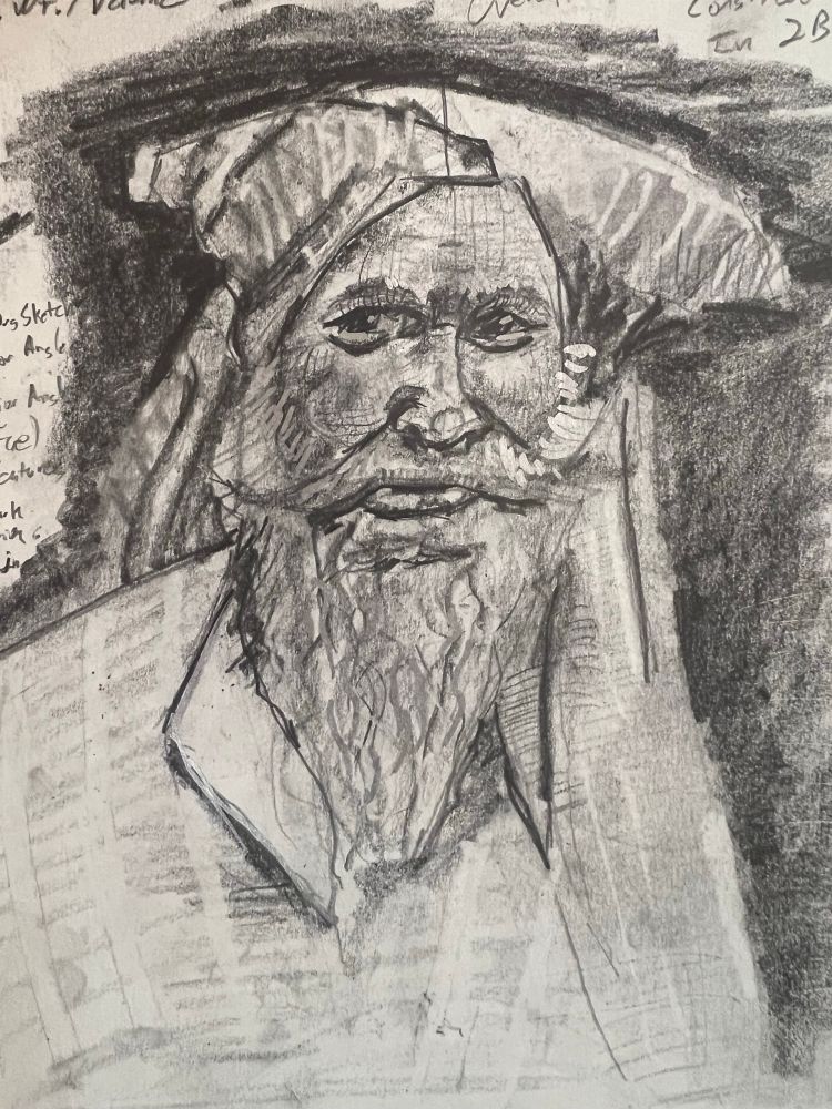 A pencil drawing of an older man with a big beard and kind of a turban but not really a turban. 