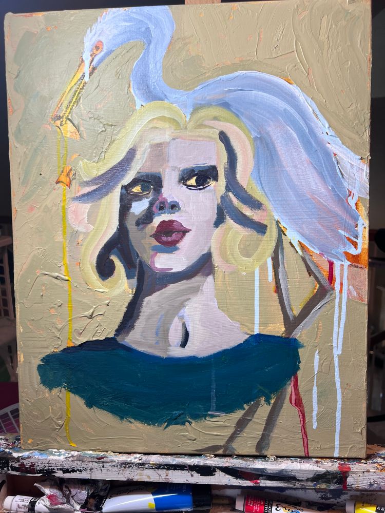 A work in progress painting of a lady's head. There is a heron standing ominously behind her. 