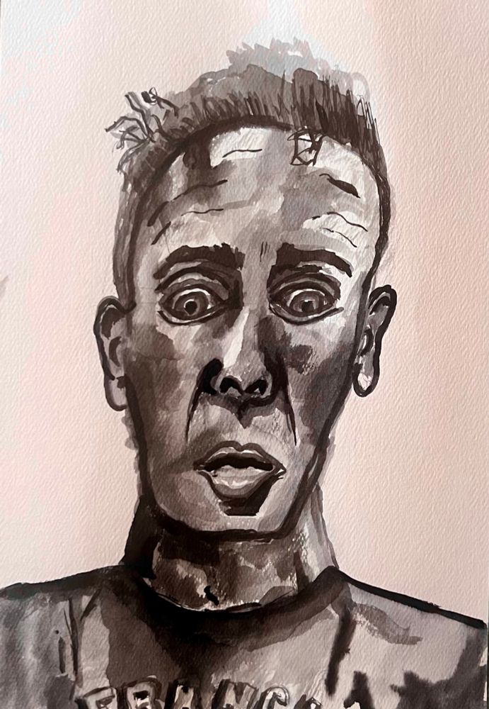 A more caricatured self portrait in brushed black ink. 
