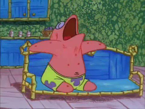 Patrick Star from SpongeBob sleeping while sitting on a couch