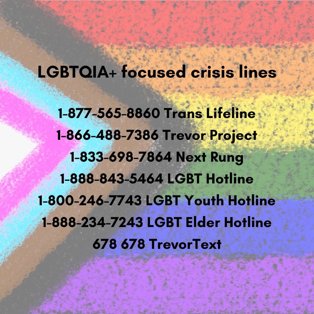 A progress rainbow flag background with LGBTQIA+ focused crisis helplines in black text, including Trans Lifeline (1-877-565-8860), Trevor Project (1-866-488-7386), Next Rung (1-833-698-7864), LGBT Hotline (1-888-843-5464), LGBT Youth Hotline (1-800-246-7743), LGBT Elder Hotline (1-888-234-7243), and TrevorText (678 678)