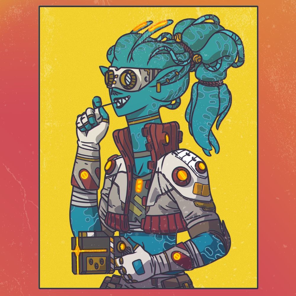 A comic illustration of teal-coloured alien lady with tentacle dreads and a leather jacket pointing a small laser gun.