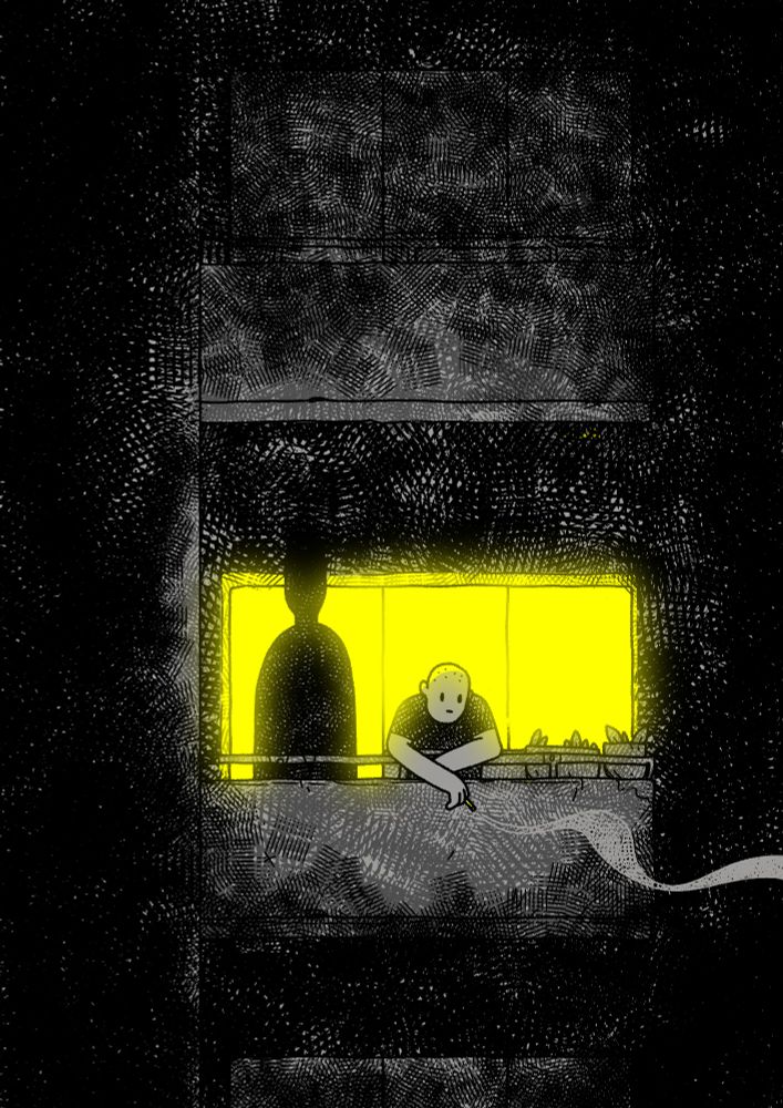 Hatched Illustration. A frontal view of a male person standing on a balcony at night, holding a lit cigarette. The windows behind him lit in bright yellow. The shape of a black, shadowy figure is standing beside him.