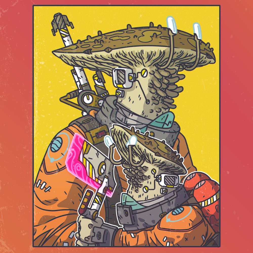 A comic illustration of two mushroom-like aliens in orange overalls. One is carrying a large sniper rifle, the other one is wielding a glowing laser axe.