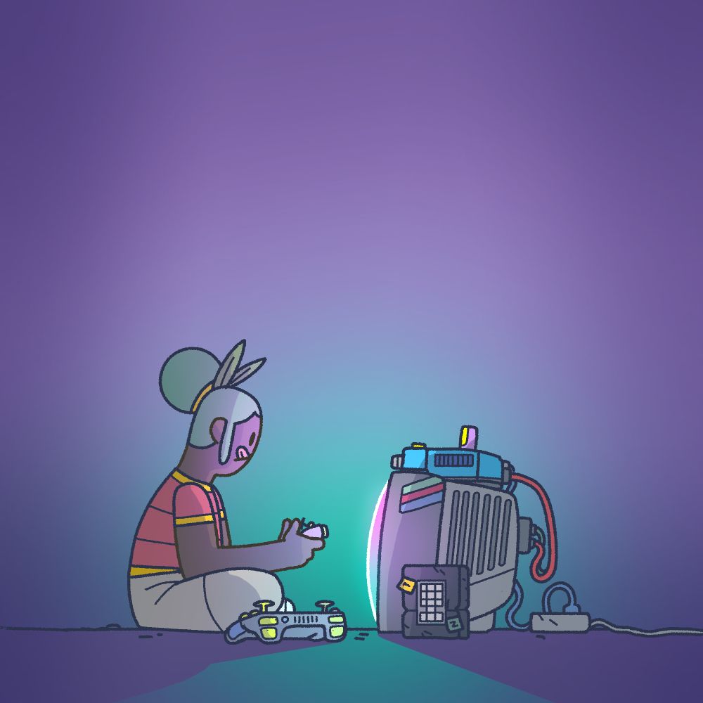 A promotional illustration for the game Space Sprouts. the main character Oda sitting in front of an old CRT tv, playing with an old retro console. Next to her is a Steam Deck handheld. 