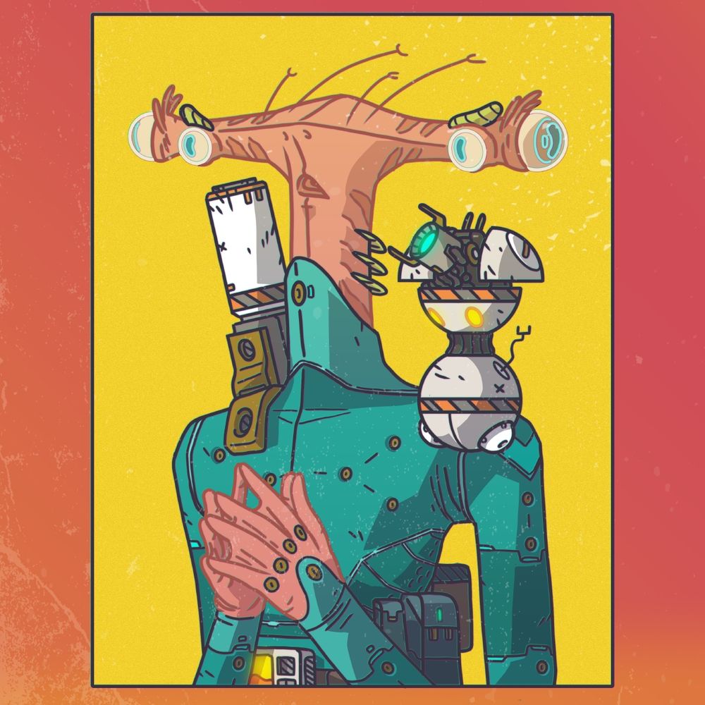 A comic illustration of an amphibian hammerhead-shark alien, holding his hands out in a diplomatic gesture. A small robot drone floating beside them.