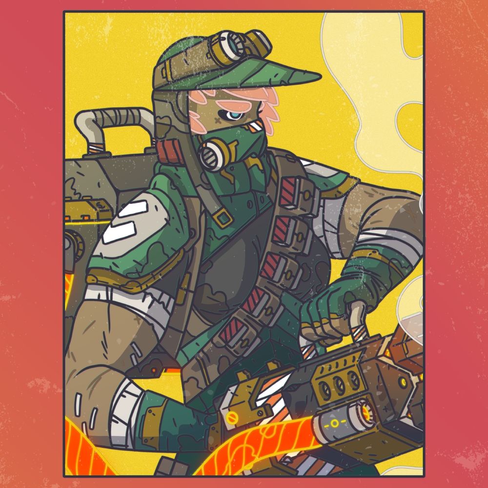 A comic illustration of a humanoid in worn down army clothing, holding a still glowing, heavy gatling laser gun in both hands.