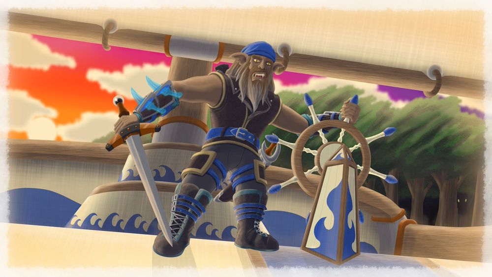 An old bugbear rogue stands on the deck of a ship, his brown fur and beard greyed with age. He wears blue-accented leather armor and a bandanna on his head. His bracers have spectral daggers sheathed within them. He wields a longsword in one hand, and holds the wheel of the ship in the other. Beyond the paper and wood sailing ship is a sunset background and a forest, where the shadow of a dinosaur lurks.