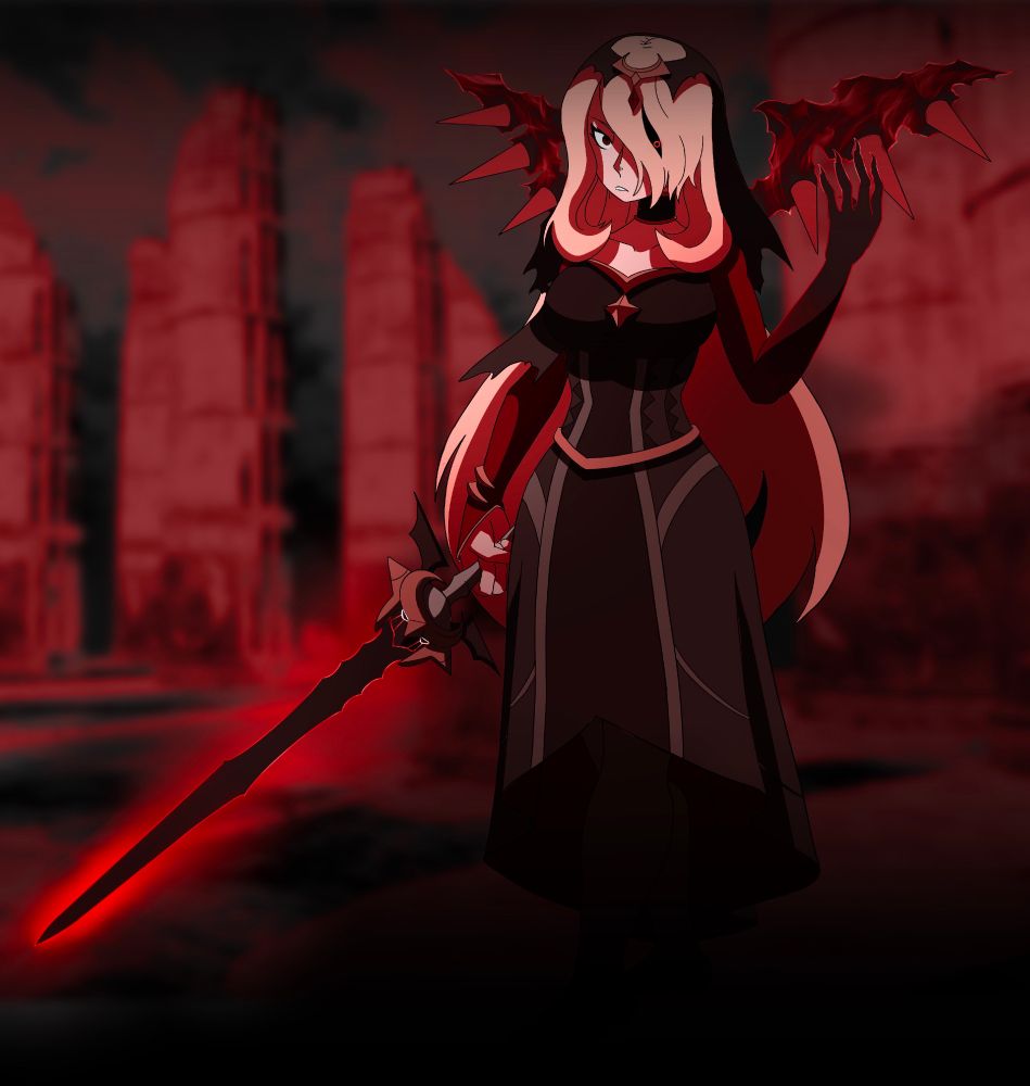 Artwork of Cynthia from Pokemon Diamond and Pearl in the Renegade synga suit from Pokemon Masters, with a black-bladed sword decorated to resemble Giratina and Giratina's shadowy wings extending from her back. 