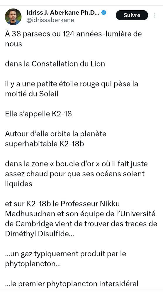 Idiriss aberkane annonce que l'on a trouve du phytoplancton dans l'espace 