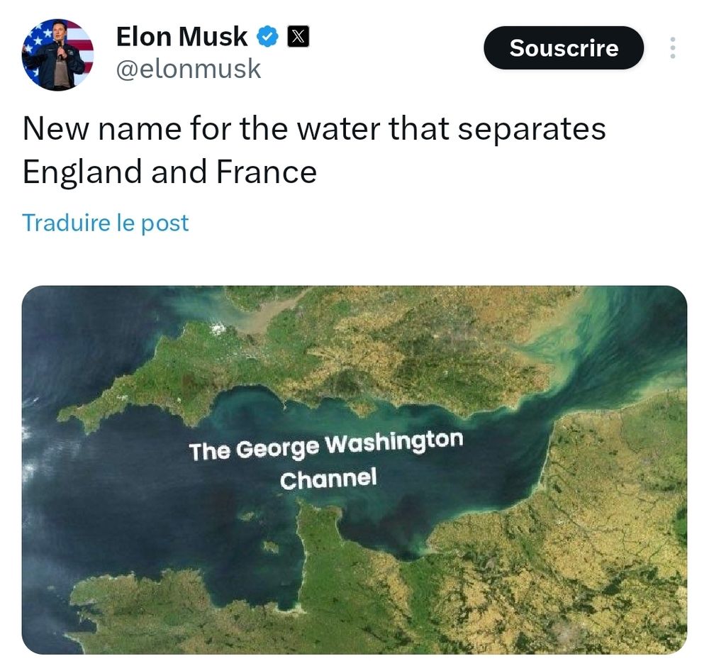 Tweet d'Elon Musk avec une carte où on voit le nord de la france et le aus de l'Angleterre, avec la mer manche renommée "the George Washington channel"