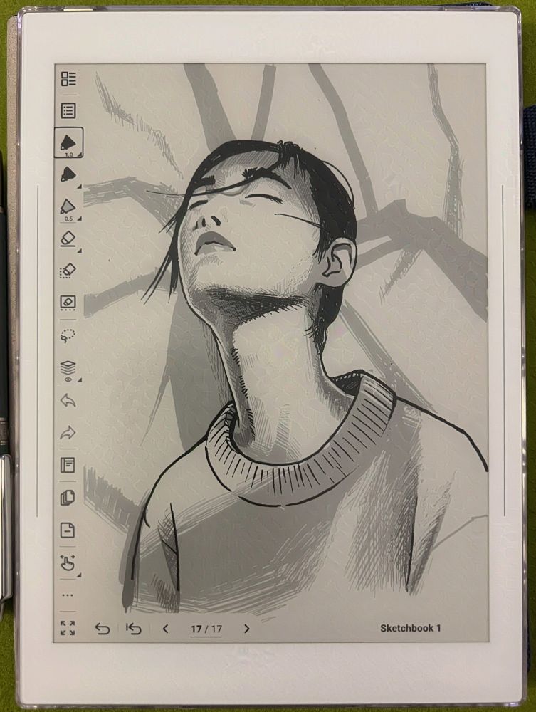 Drawing of a photo study of a woman with her head tilted backward, and shadows from a tree being cast onto her and the wall behind her.