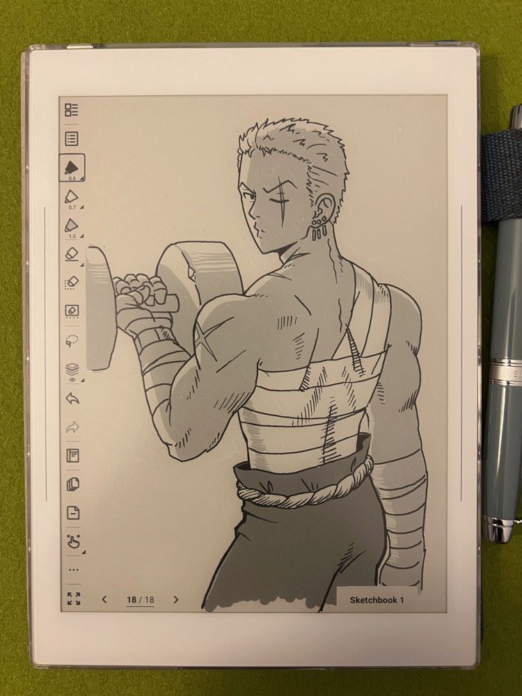 Drawing of Zoro from One Piece lifting weights. He is covered in bandages. Drawn on a Ratta Supernote.