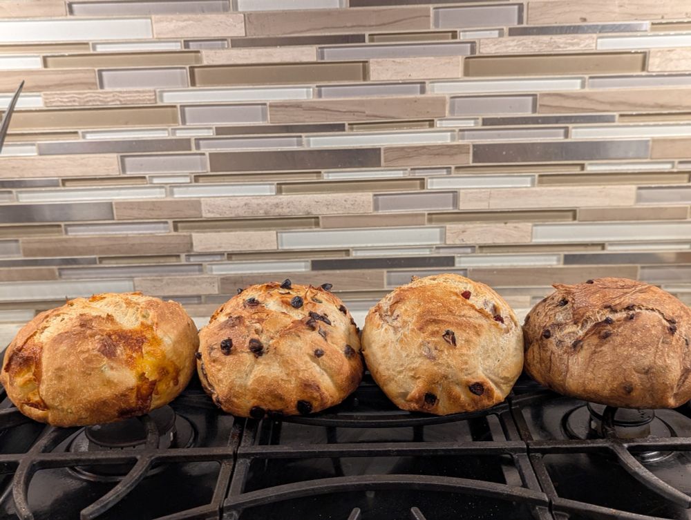 Four loaves of bread on a stovetop counter. 
