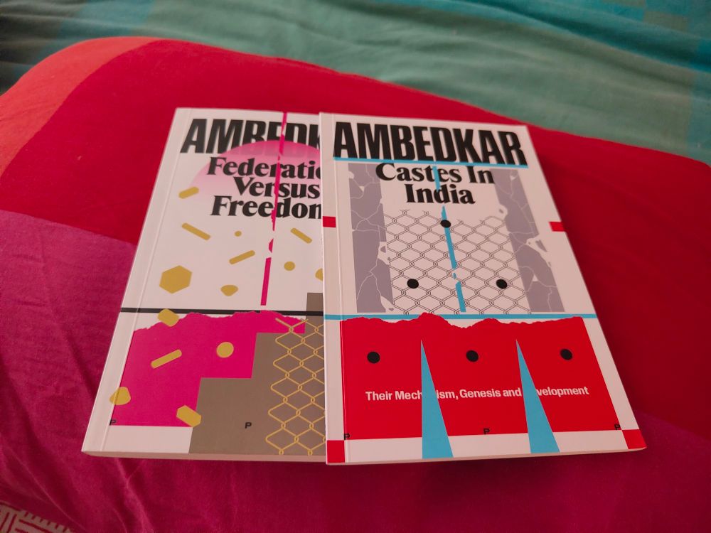 Two classics by Ambedkar, Federation Versus Freedom, and Castes in India, on a pink and red pillow on a bed