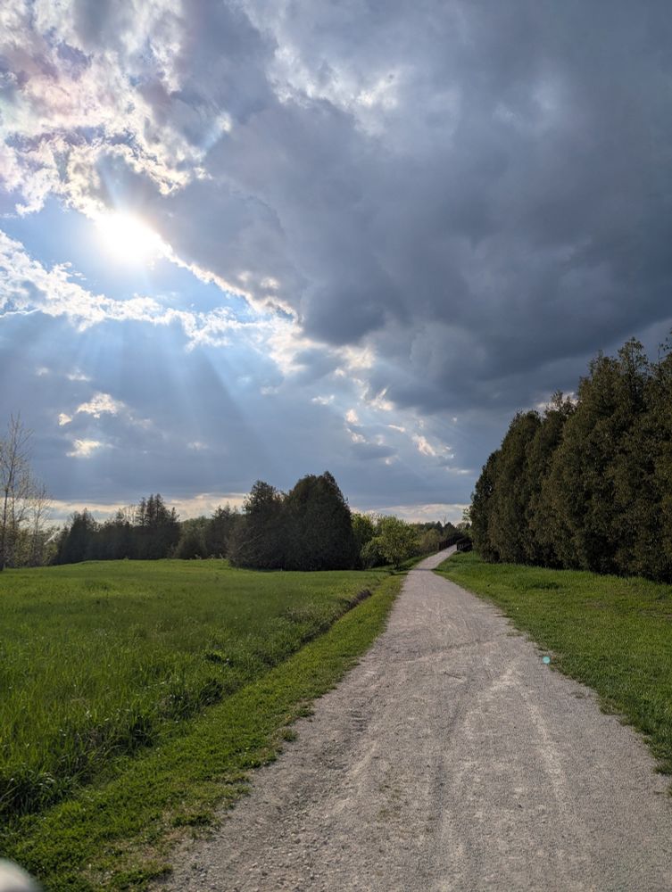 A stone chipped community walking trail heads off into the distance towards a metal bridge with grasses on either sides and some cedar trees a little farther off. The Sun peeks out from behind some darker almost stormy clouds, lighting up everything with sunbeams.