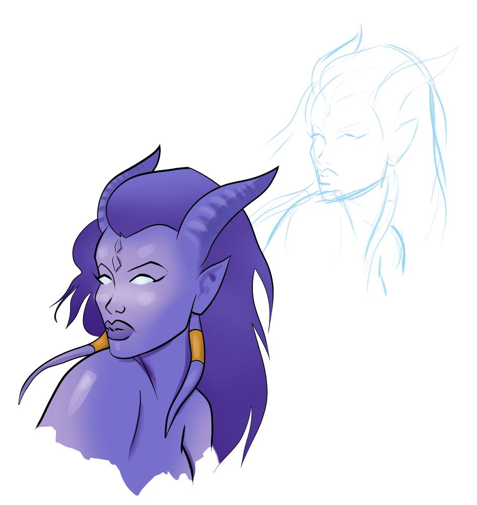 A portrait of a female draenei from world of warcraft (bluish skinned alien with horns, long purple hair, glowing eyes)