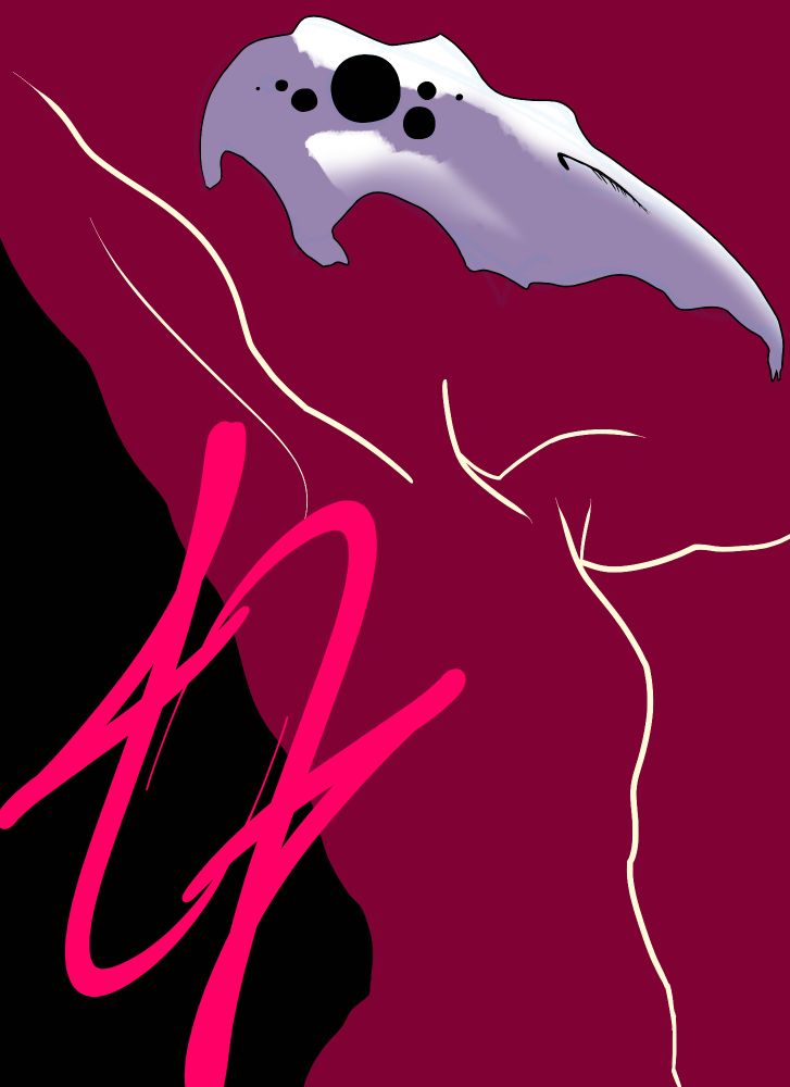 A really terrible sketchy image of a vaguely humanoid torso with an elongated inhuman skull and an ambigrammatised/reversible number 42
