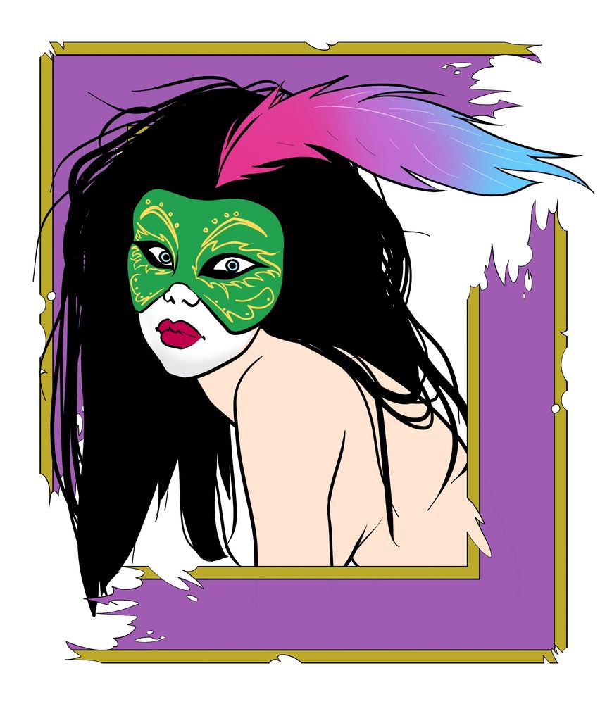 A drawing of a feminine character with long dishevelled black hair, wearing a green carnival mask and a brightly coloured feather in hair