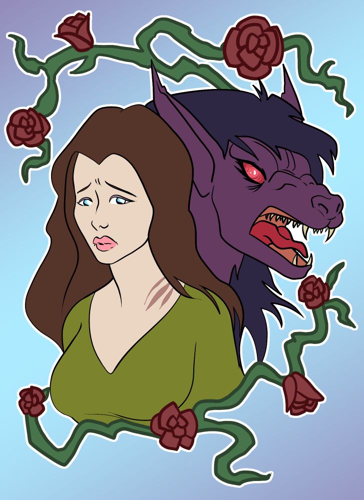 A drawing of a sad woman in a green dress with a claw mark on her neck. Behind her is a growling werewolf. The two are surrounded by a border of roses and vines