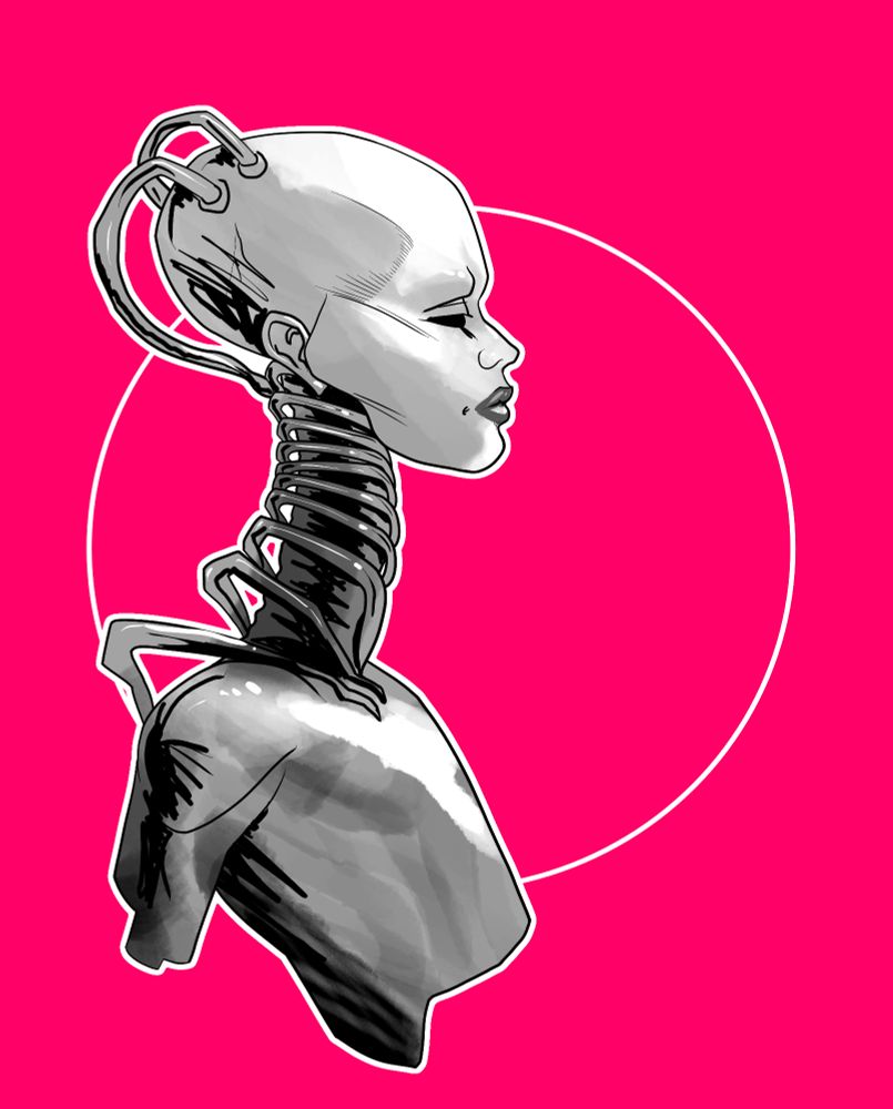 A drawing of a feminine cyborg upper torso with an elongated mechanical looking next, similar to the borg queen from star trek, monochrome on pink background 