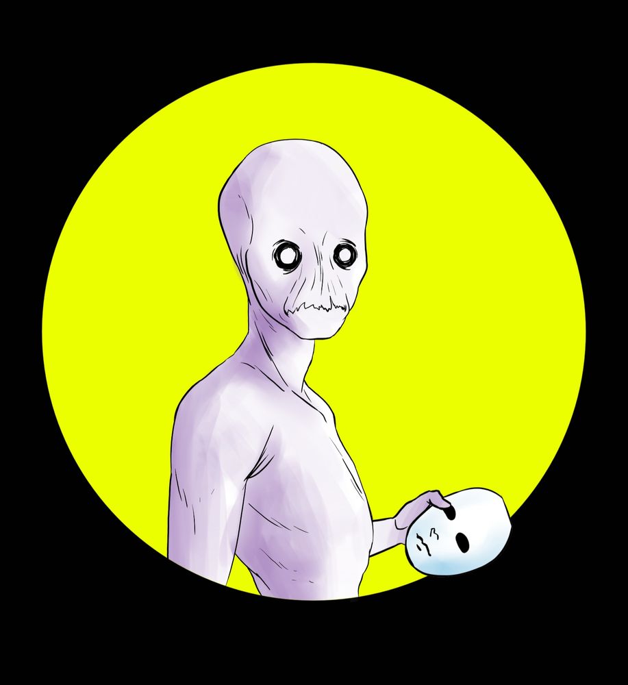 Drawing of a featureless ghoul-like creature known as an 'actor' holding a theatre mask. 
