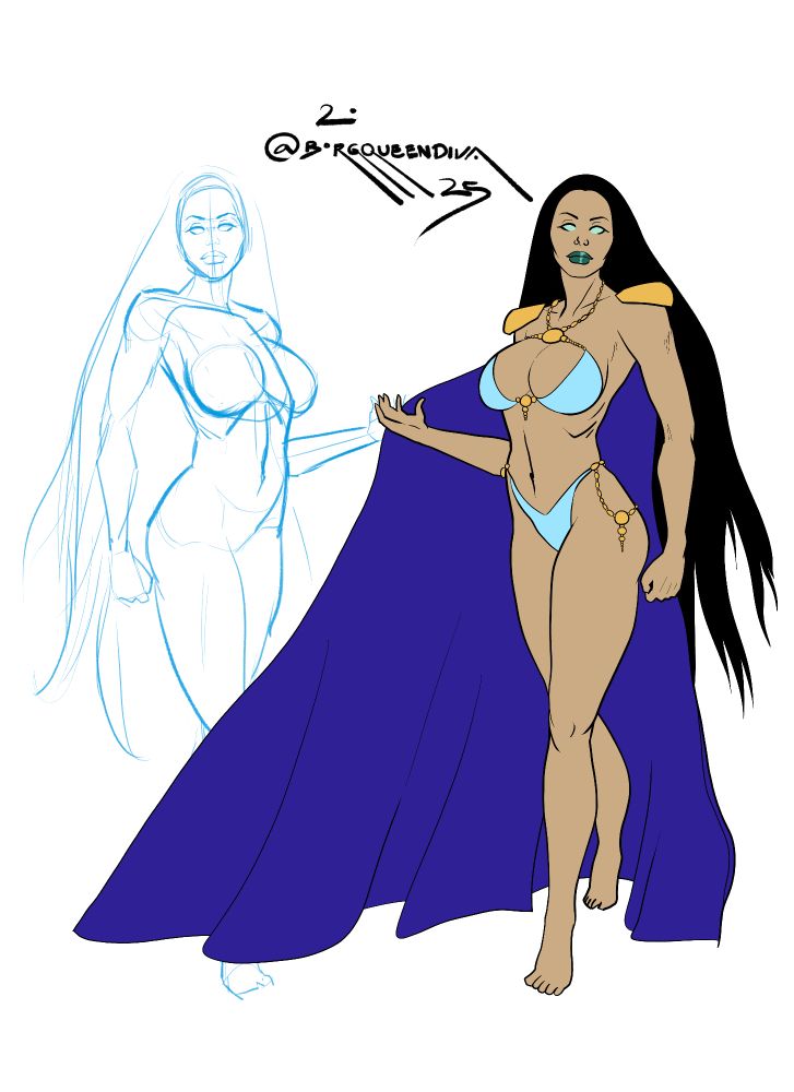 A drawing of a tall woman with bronze skin, long black hair, green pupil-less eyes, a long dark blue cape with yellow pauldrons, gold jewellery, light blue swimsuit style costume